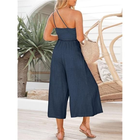 Women's Dark Blue One Shoulder High Waist Casual Wide‎ Leg Linen Jumpsuit Romper - Picture 6 of 7